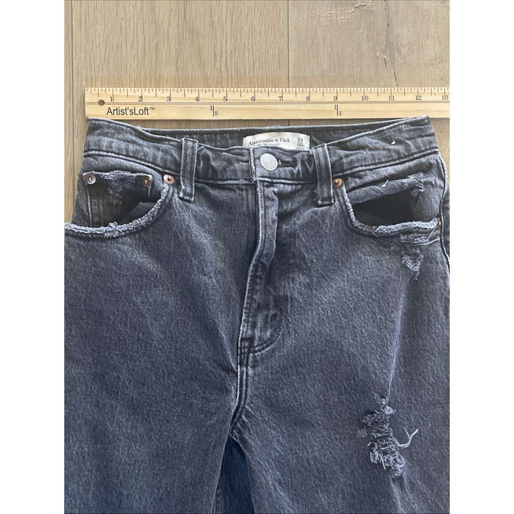Abercrombie & Fitch 90s Straight Ultra High Rise Distressed Jeans Size 24 Black - Picture 7 of 10